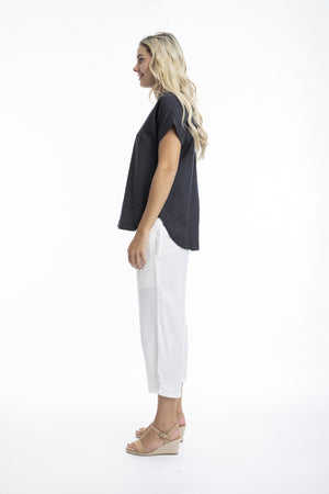 Essentials Linen Blend V Neck Top - Black