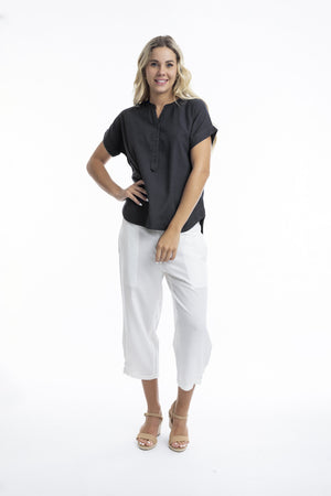 Essentials Linen Blend V Neck Top - Black