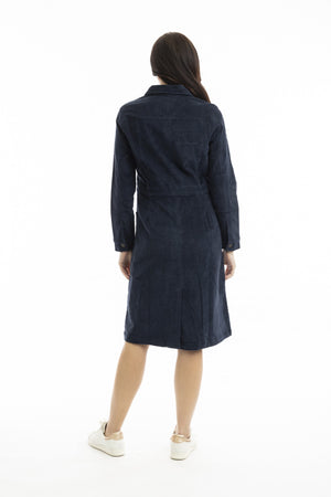 Cord Solid Button Dress - Navy