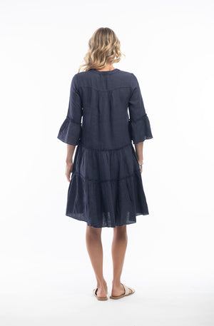 Solid Pure Linen Dress Layers Frill Sleeve - Navy
